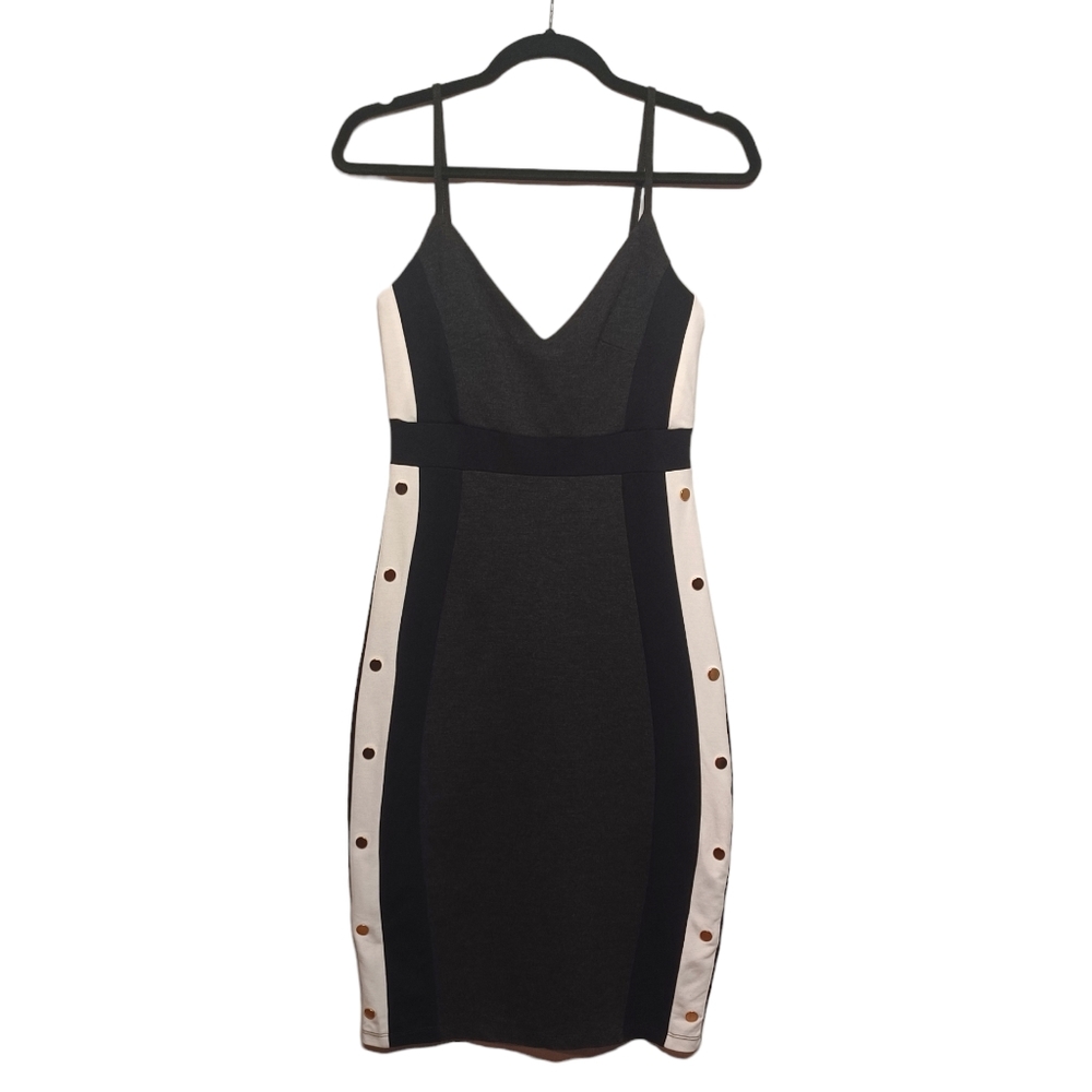 MIND CODE Gold Button Gray Black Colorblock Sheath Mini Dress Medium NWT